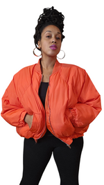 Load image into Gallery viewer, Orange Puff Bomber Jacket
