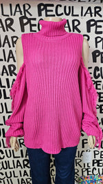 Load image into Gallery viewer, Pink Cold Shoulder Fringe Sweater
