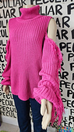 Load image into Gallery viewer, Pink Cold Shoulder Fringe Sweater
