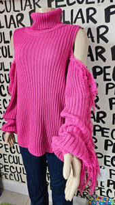 Pink Cold Shoulder Fringe Sweater