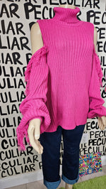 Load image into Gallery viewer, Pink Cold Shoulder Fringe Sweater
