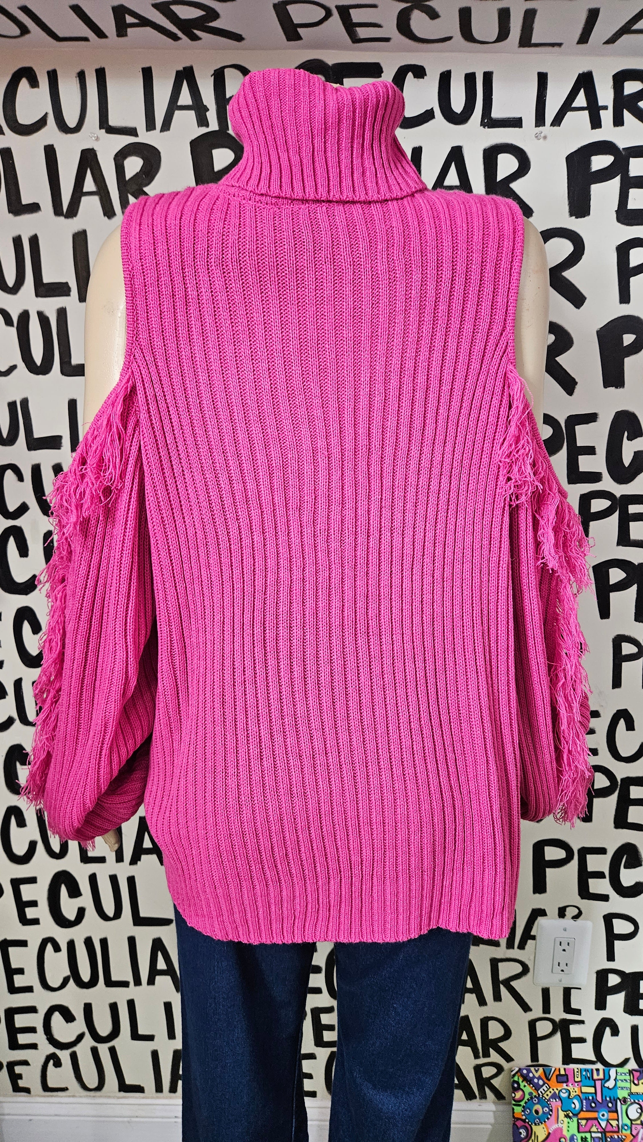 Pink Cold Shoulder Fringe Sweater