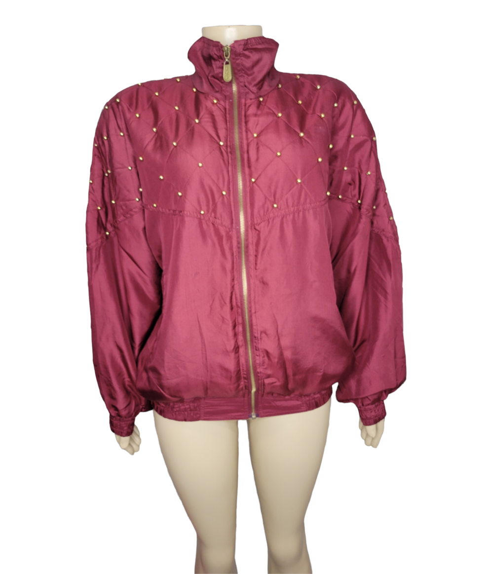 Wine Studded Silk Bomber